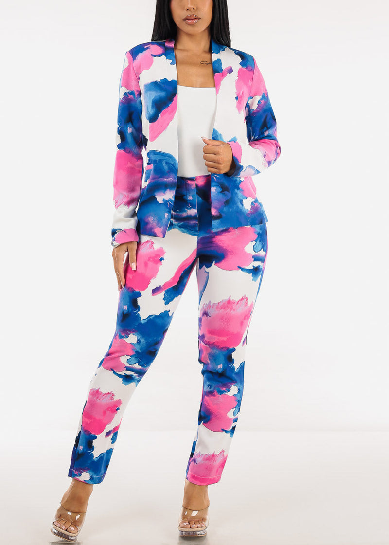 Super High Waist Straight Leg Printed Dressy Pants Blue & Pink