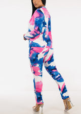Super High Waist Straight Leg Printed Dressy Pants Blue & Pink