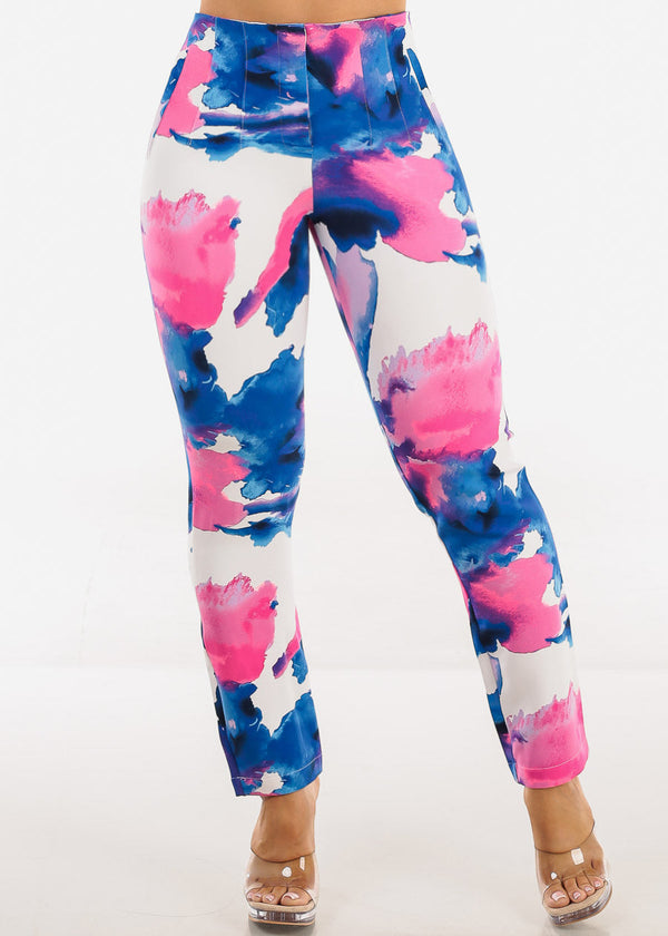 Super High Waist Straight Leg Printed Dressy Pants Blue & Pink