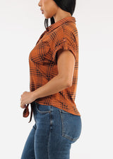 Tie Front Short Sleeve Button Up Plaid Blouse Dark Orange