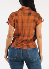 Tie Front Short Sleeve Button Up Plaid Blouse Dark Orange