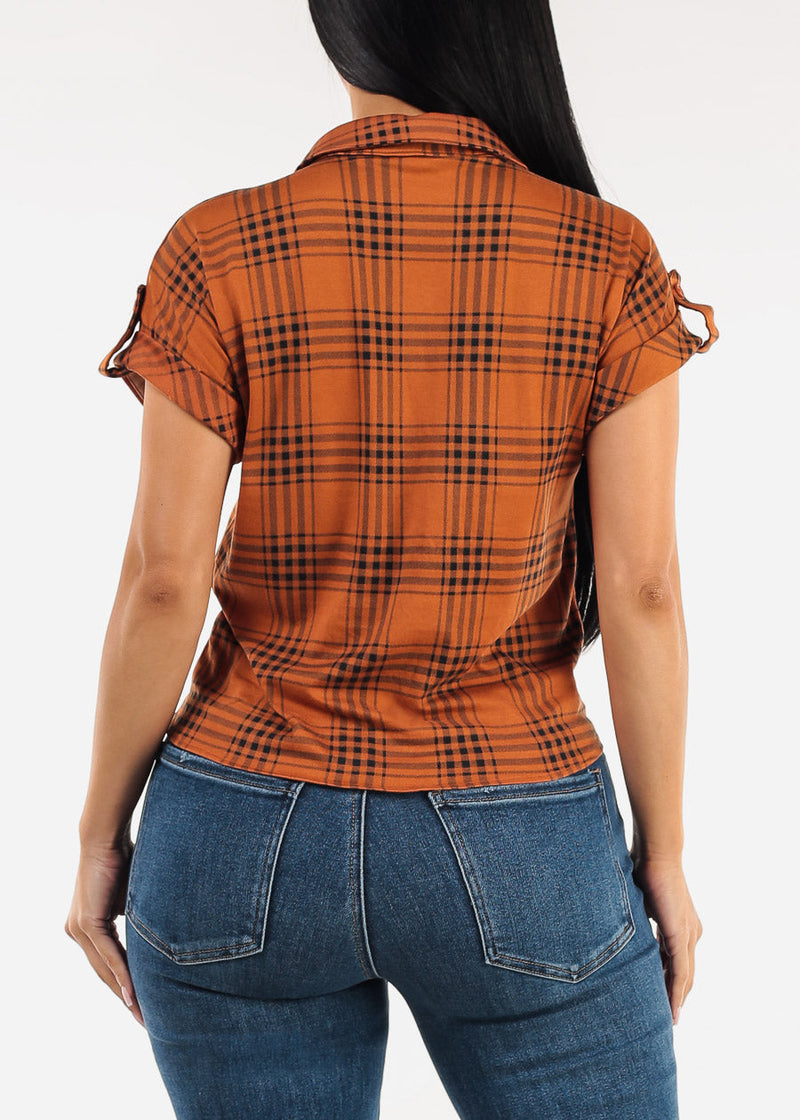Tie Front Short Sleeve Button Up Plaid Blouse Dark Orange