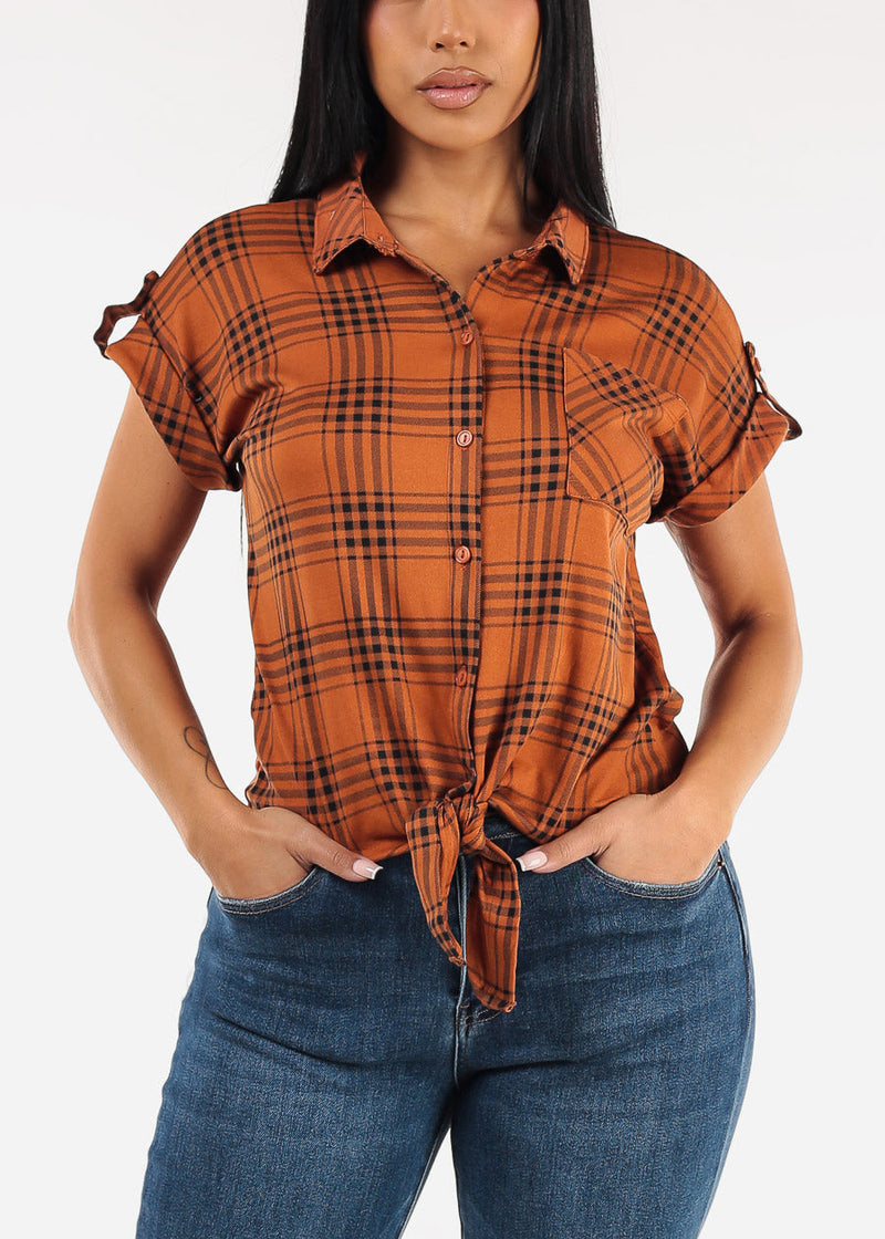 Tie Front Short Sleeve Button Up Plaid Blouse Dark Orange