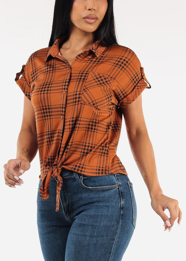 Tie Front Short Sleeve Button Up Plaid Blouse Dark Orange