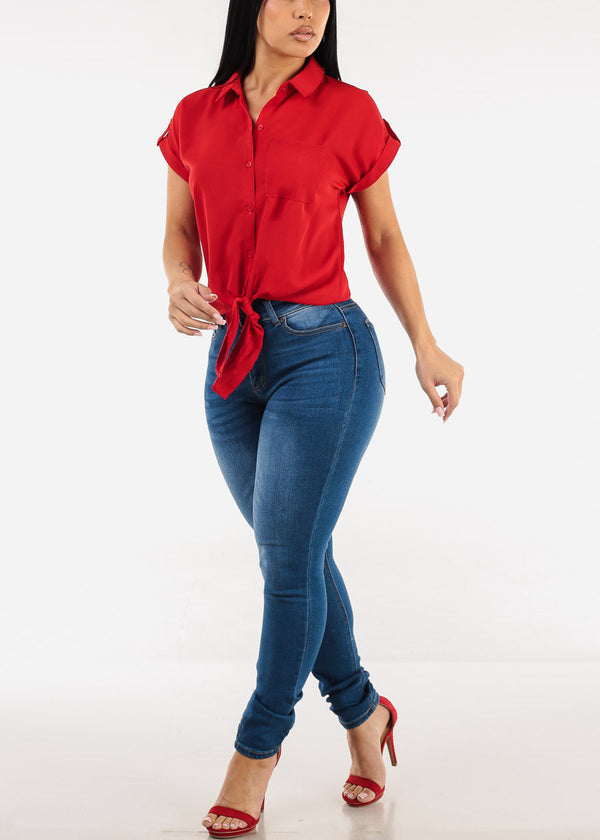 Short Sleeve Button Down Tie Front Blouse Red