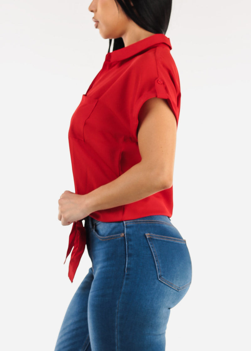 Short Sleeve Button Down Tie Front Blouse Red