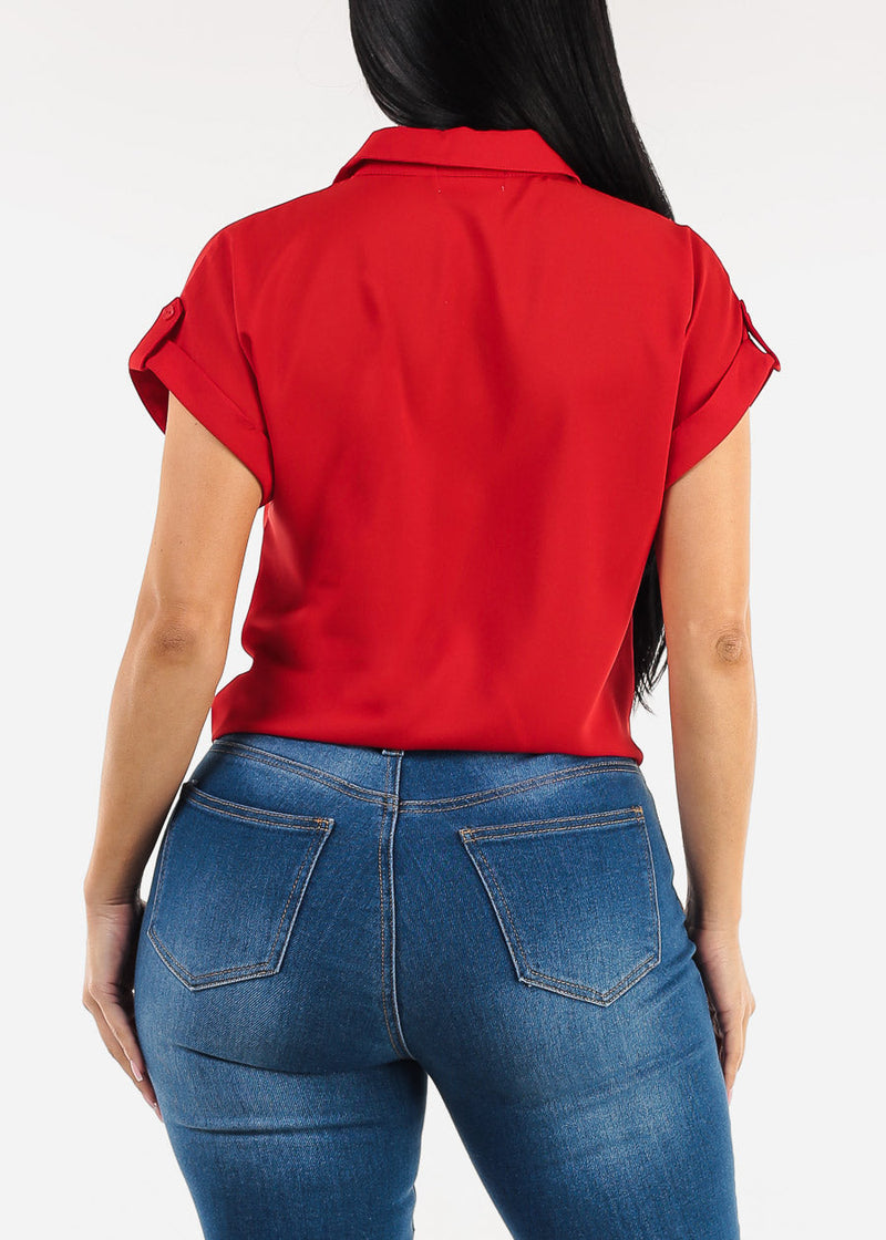 Short Sleeve Button Down Tie Front Blouse Red