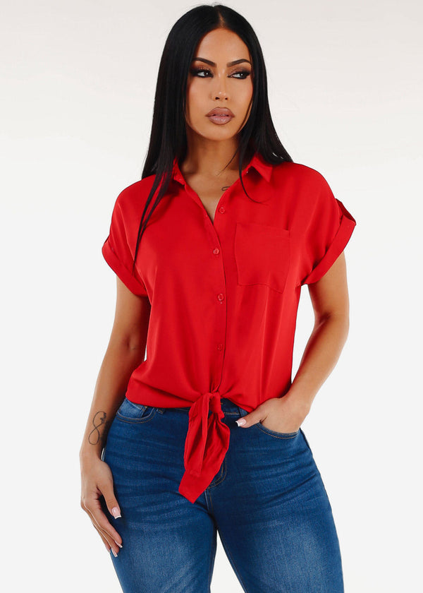 Short Sleeve Button Down Tie Front Blouse Red