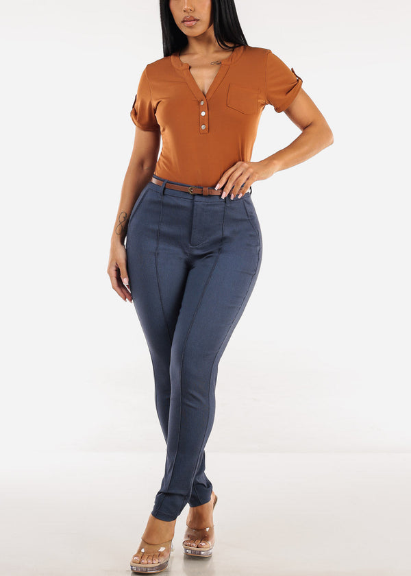 Short Sleeve Half Button Up Blouse Rust