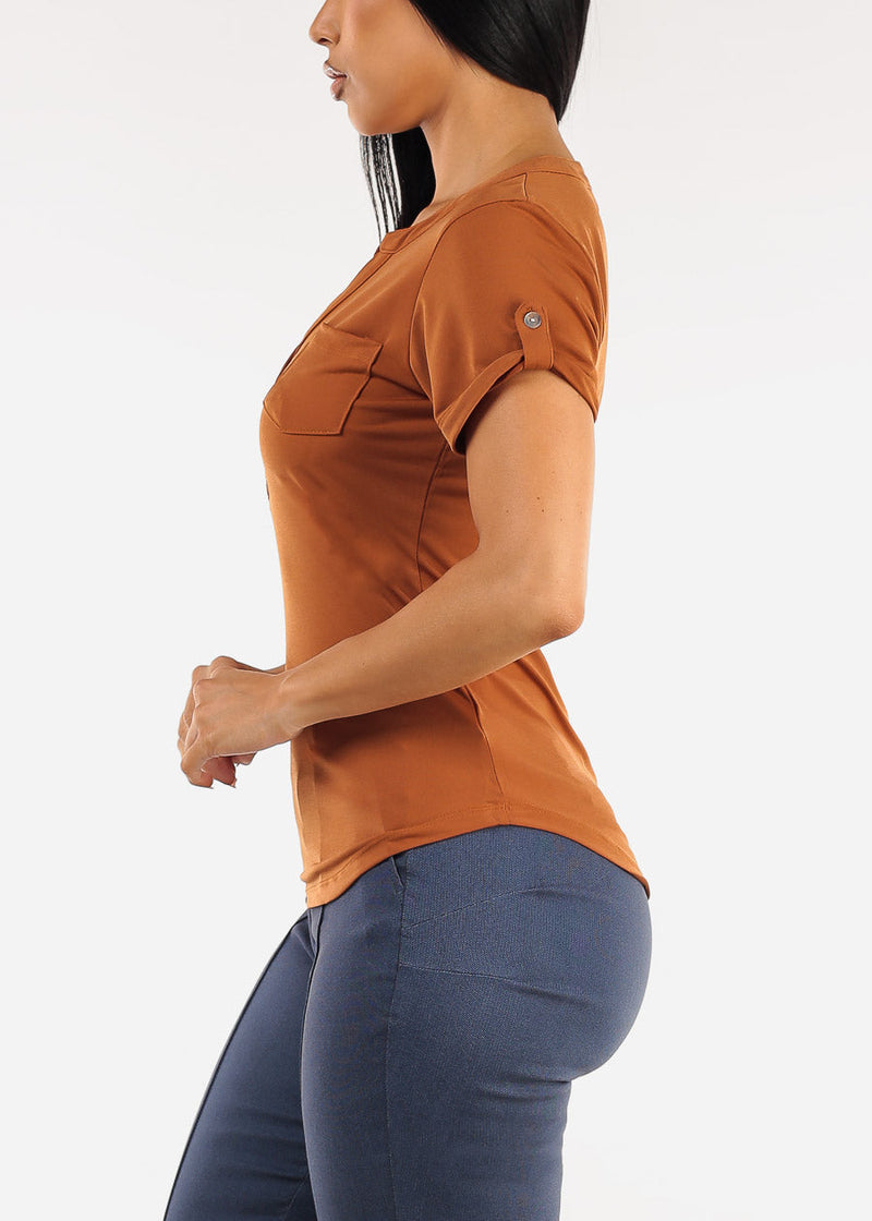 Short Sleeve Half Button Up Blouse Rust