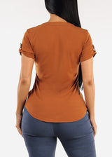 Short Sleeve Half Button Up Blouse Rust