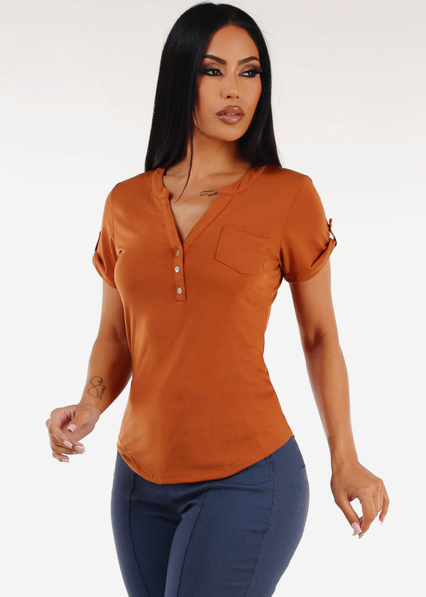 Short Sleeve Half Button Up Blouse Rust