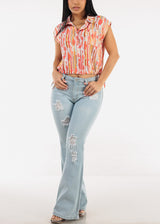 Drawstring Bubble Hem Abstract Button up Shirt Orange