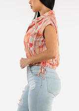 Drawstring Bubble Hem Abstract Button up Shirt Orange