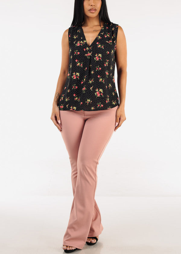 Sleeveless Vneck Floral Blouse Black