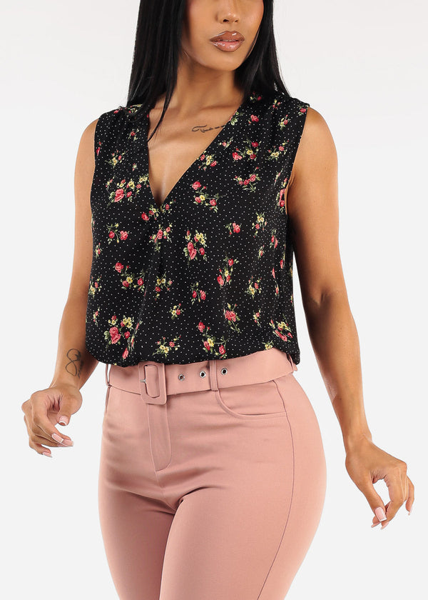 Sleeveless Vneck Floral Blouse Black
