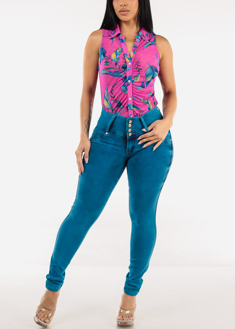 Sleeveless Button Up Floral Ruched Blouse Fuchsia