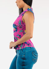 Sleeveless Button Up Floral Ruched Blouse Fuchsia