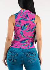 Sleeveless Button Up Floral Ruched Blouse Fuchsia