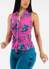 Sleeveless Button Up Floral Ruched Blouse Fuchsia