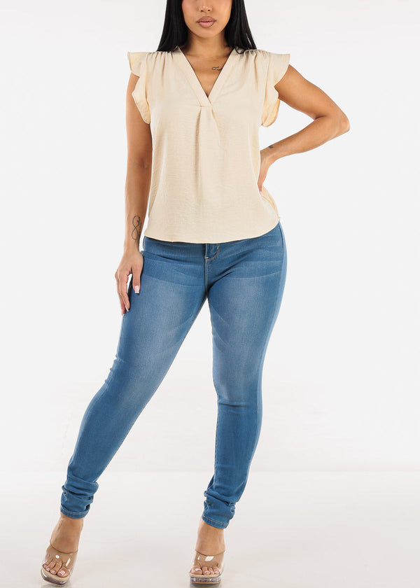Short Sleeve Vneck Blouse Beige