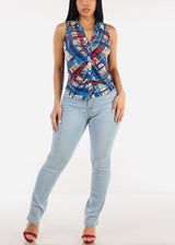Sleeveless Button Up Printed Ruched Blouse Blue