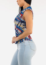 Sleeveless Button Up Printed Ruched Blouse Blue