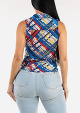 Sleeveless Button Up Printed Ruched Blouse Blue