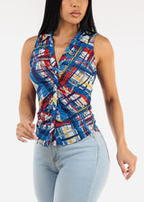 Sleeveless Button Up Printed Ruched Blouse Blue