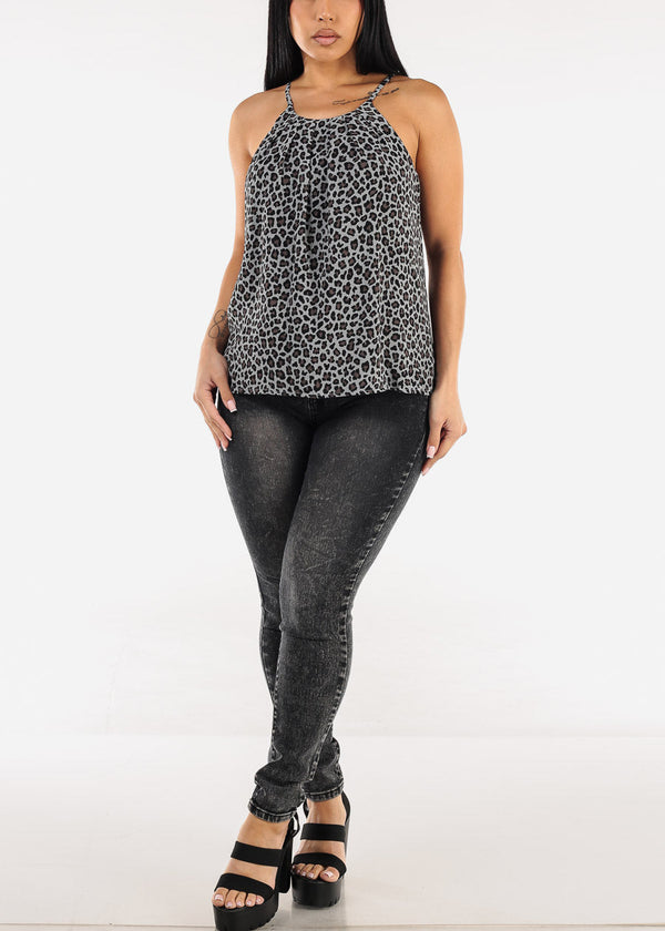 Sleeveless Leopard Print Camisole Blouse Grey