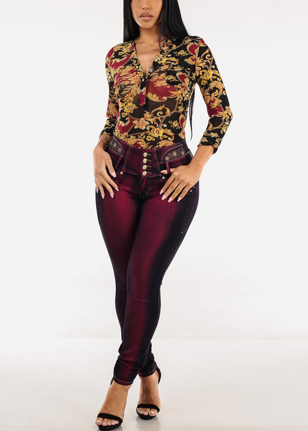 Long Sleeve Printed Button Up Mesh Blouse Black