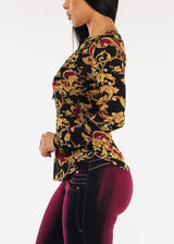 Long Sleeve Printed Button Up Mesh Blouse Black