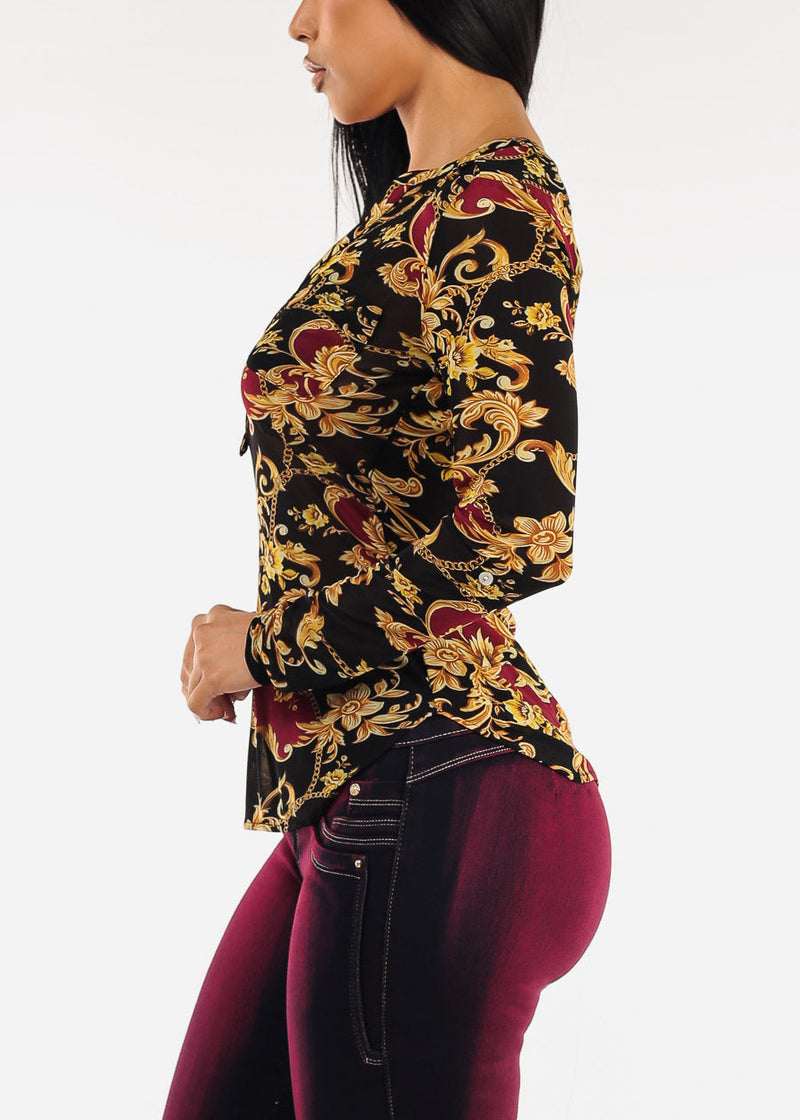 Long Sleeve Printed Button Up Mesh Blouse Black