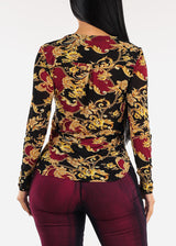 Long Sleeve Printed Button Up Mesh Blouse Black