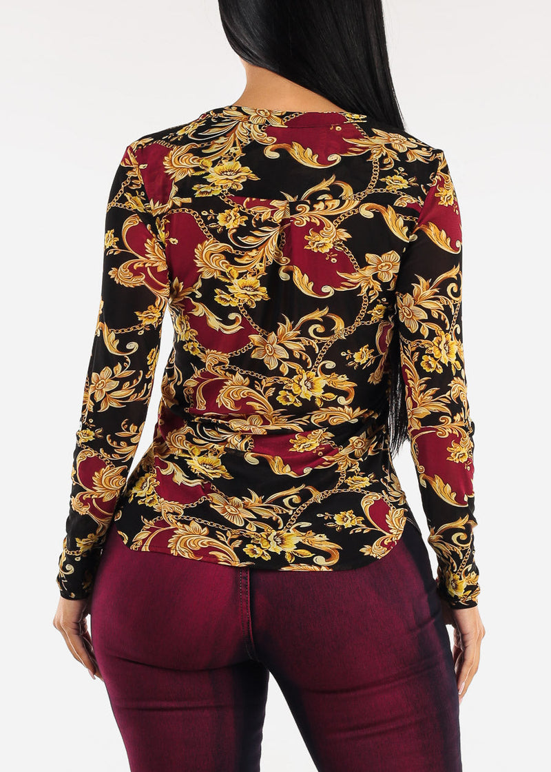 Long Sleeve Printed Button Up Mesh Blouse Black