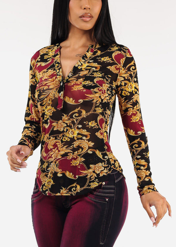 Long Sleeve Printed Button Up Mesh Blouse Black