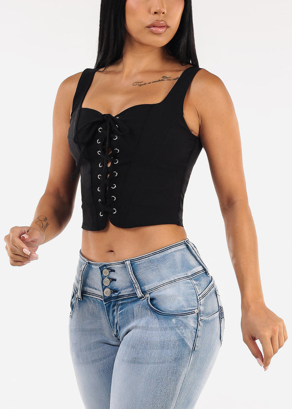 Sleeveless Lace Up Crop Top Black