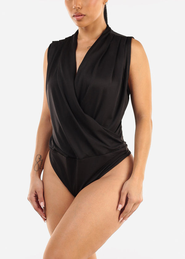 Stretchy Sleeveless Surplice Thong Bodysuit Black