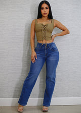 Sleeveless Lace Up Crop Top Dark Khaki
