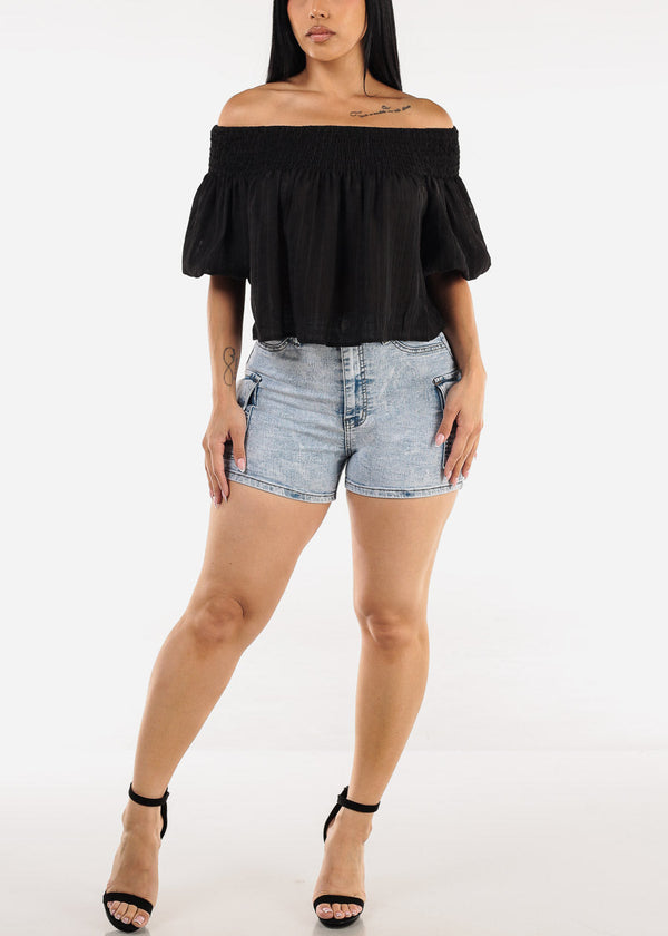 Short Puff Sleeve Off Shoulder Top Black