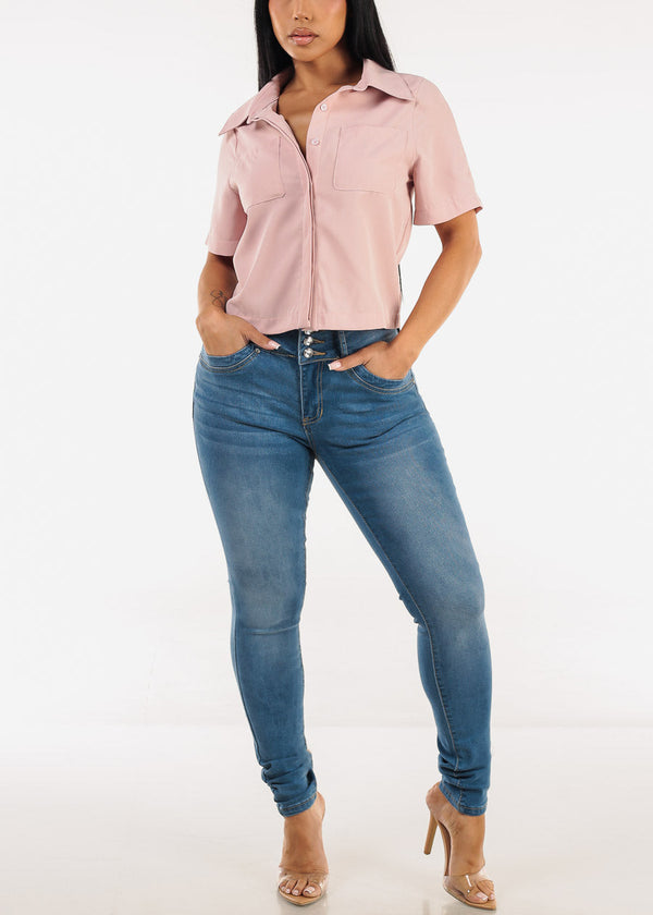Short Sleeve Button Up Collared Blouse Mauve