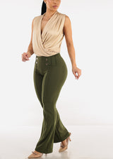 Stretchy Sleeveless Surplice Thong Bodysuit Beige