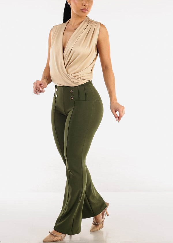 Stretchy Sleeveless Surplice Thong Bodysuit Beige
