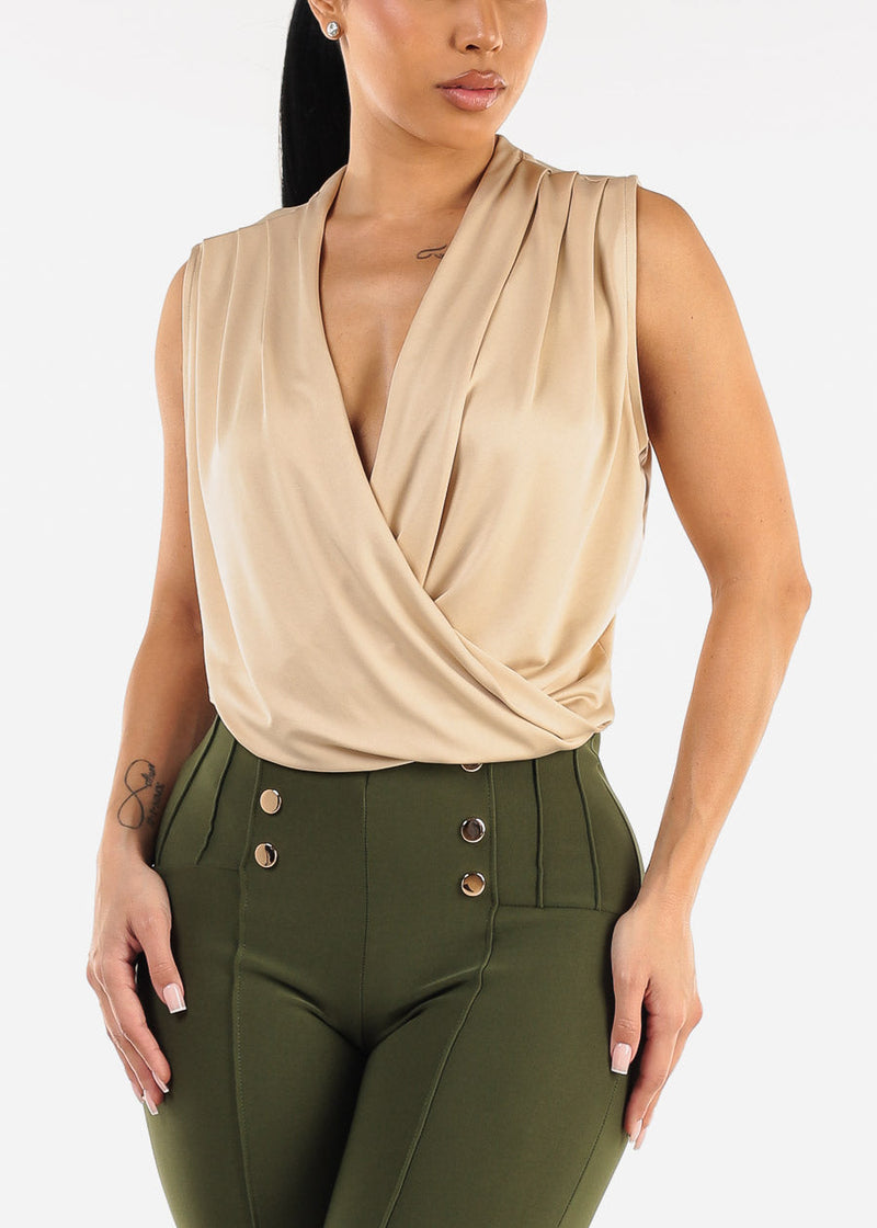 Stretchy Sleeveless Surplice Thong Bodysuit Beige
