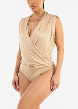 Stretchy Sleeveless Surplice Thong Bodysuit Beige