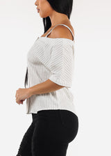 Cold Shoulder White Linen Stripe Blouse