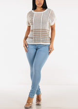 Short Sleeve Multi Stripe Crochet Knit Top Off White