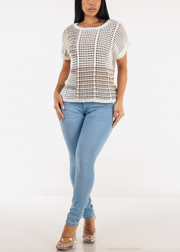 Short Sleeve Multi Stripe Crochet Knit Top Off White