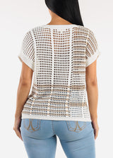 Short Sleeve Multi Stripe Crochet Knit Top Off White