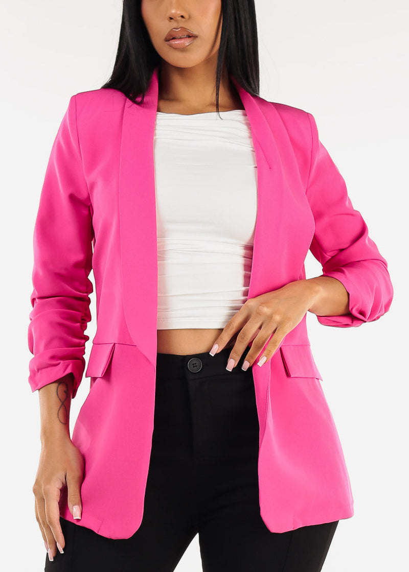 Quarter Sleeve Open Front Blazer Fuchsia